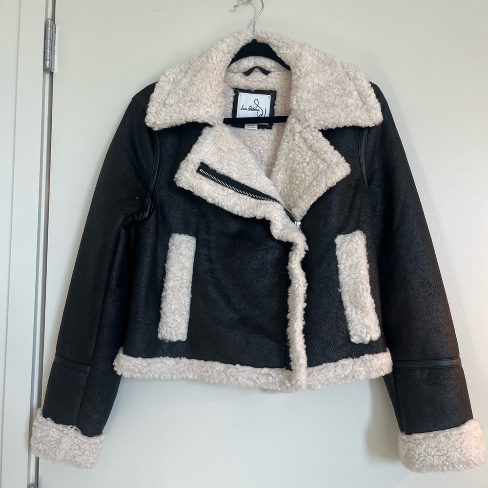Sam Edelman Black and Cream Teddy Jacket with Plush Lining and Cropped Design